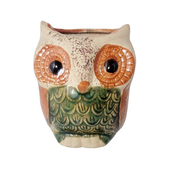 VINTAGE 1960s 70s Retro Owl Pottery Pencil Holder Vase Planter 4" - Picture 1 of 8